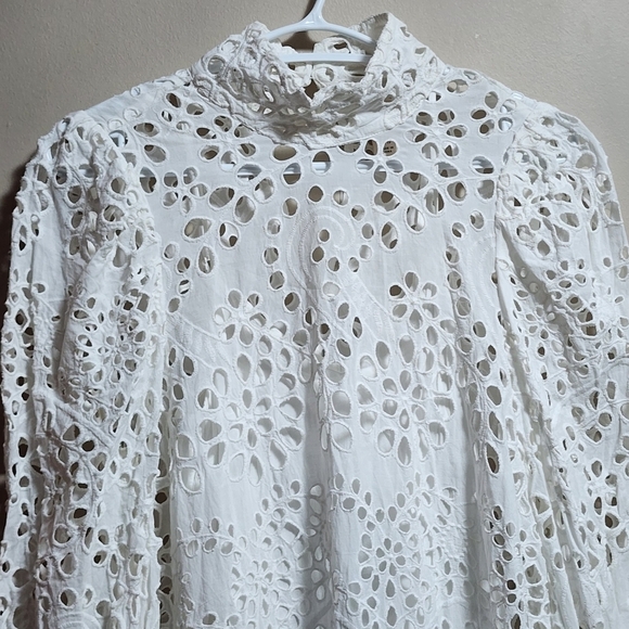 H&M eyelet embroidery puff long sleeves midi dress color white size XS - Picture 3 of 10